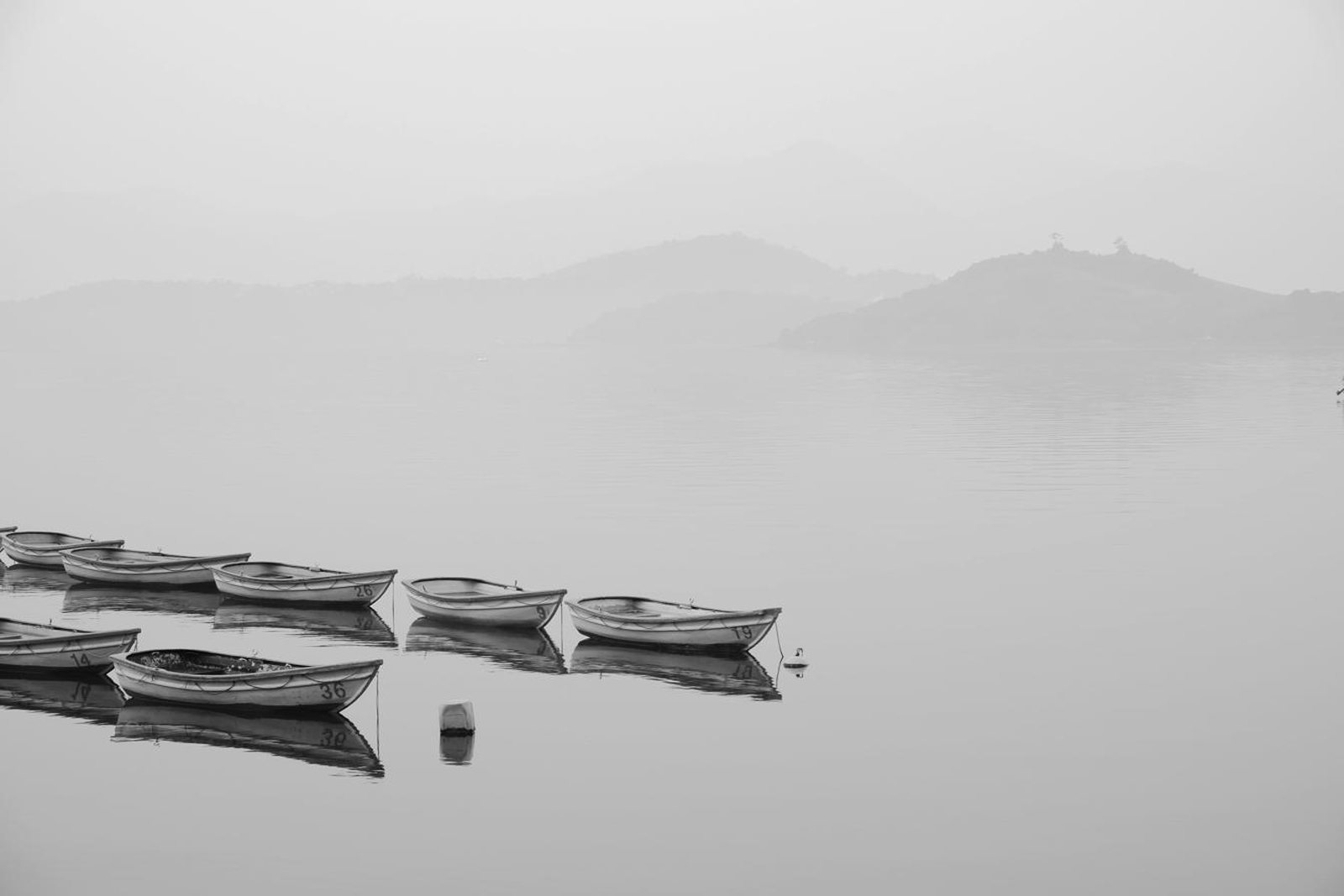 Barcas amarradas en un lago en calma, niebla.
